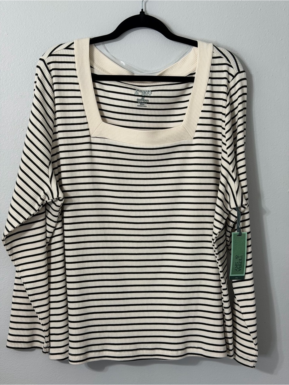Striped Square Neck Long Sleeve Top - Black/Cream. Size 3X